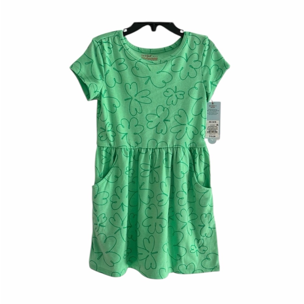 Cat & Jack Girls Green Shamrock Print Casual Dress Size XS (4/5) NWT